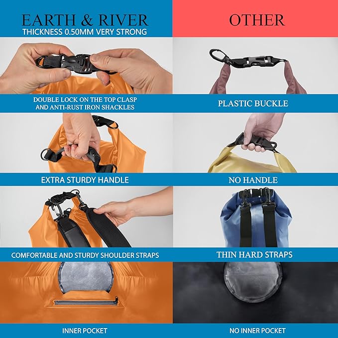 EARTH&RIVER Premium Dry Bag Backpack, Extra Thick, Protection for All Water Activities & Camping, Floating Lightweight Dry Bag with Inside Pocket Storage & IPX8 Waterproof Phone Case (Orange, 20L)