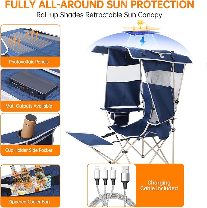 Nice C Chair with Canopy, Umbrella Chair, Chairs with Shade, Sports Chairs, USB, Type-C&DC Charging Cable Included, 30W Solar Panels, Removable Footrest&Cooler Bag (1 Navy)
