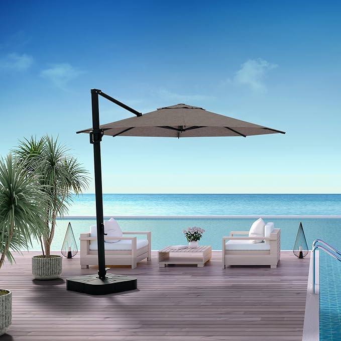 Midtown Umbrellas 10 Ft Outdoor Cantilever Patio Umbrella w/Terylast Greige Fabric - Rotate Tilt 360° Offset Patio Umbrella, Deck Patio Umbrella, Backyard Umbrella & Garden Umbrella - Black Frame