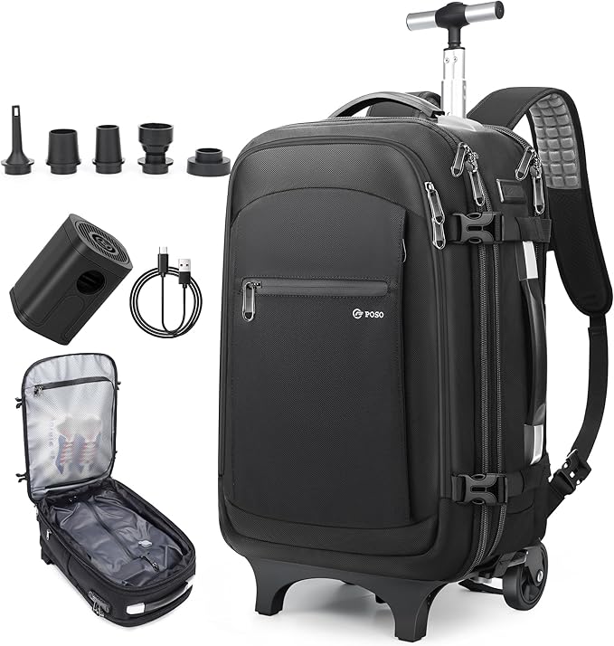 POSO Vacuum Backpack Travel with Pump - 60L Expandable Air Compression System, Vacuum Seal Easyvacpack w/Detachable Wheels, Water Resistant Carry-On Luggage for Traveler Graduate, TSA Lock - Black
