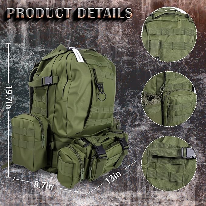 60L Tactical Backpack Military 3-Day Assault Pack, Waterproof Molle System Rucksack with Detachable Bag, Survival Bug Out Backpack for Men & Women(ArmyGreen)