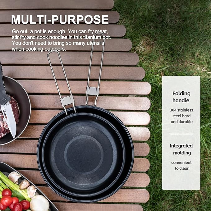 Boundless Voyage Titanium Non-Stick Frying Pan Outdoor Camping Skillet with Folding Handle Lightweight Campfire Cookware