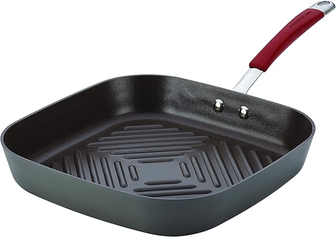 Rachael Ray Cucina Hard-Anodized Nonstick 11-Inch Deep Square Grill Pan, Gray with Cranberry Red Handle - 87632