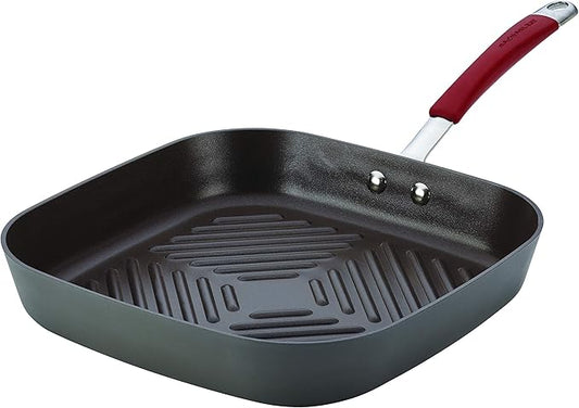 Rachael Ray Cucina Hard-Anodized Nonstick 11-Inch Deep Square Grill Pan, Gray with Cranberry Red Handle - 87632