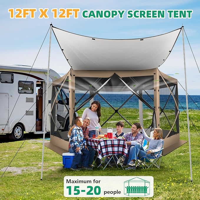 COBIZI 12x12FT Pop Up Gazebo Screen Tent Screen House for Camping, Camping Outdoor Screened Gazebo with Sidewalls, Hub Tent Instant Screened Canopy with Carrying Bag and Ground Stakes, khaki(Upgraded)