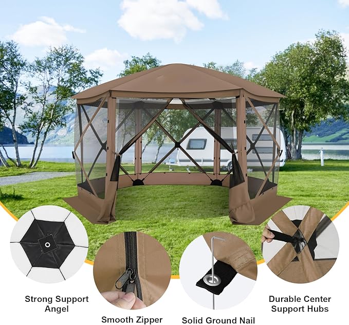 COBIZI 12x12 FT Pop Up Canopy Stargazing Tent, Gazebos On Clearance with Removable Roof, Screened in Gazebo, Screen Tents Portable carpas para Patio for Outdoor Camping,Backyard,Garden,Brown(Pro)