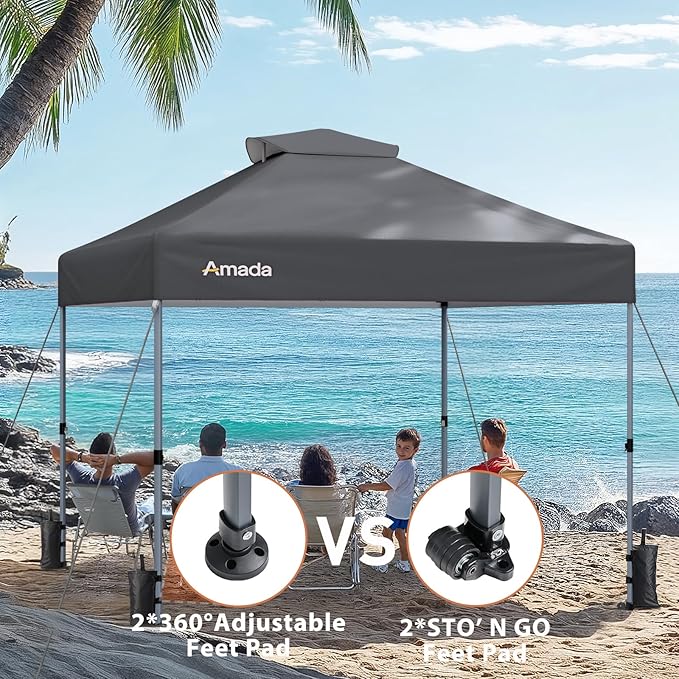Amada 12x12 Pop Up Canopy - Center Lock One Push Instant Setup Gazebo Outdoor Canopy Beach Tent with STO-N-Go Bag 8 Stakes & 4 Sand Bags, 3-Height Adjustable Shade Shelter (12x12ft, Grey)