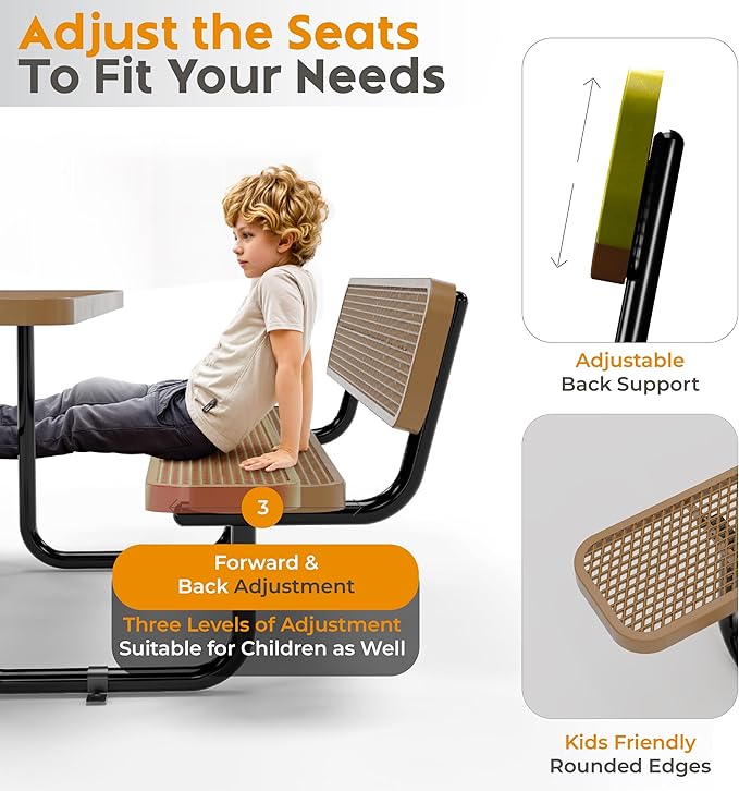 Metal Picnic Furniture for Outdoors with Umbrella Hole - Coated Steel Heavy Duty Commercial Grade Table with Adjustable Seats, Patio Set for a Lifetime (Brown, 6' Rectangular with Back)