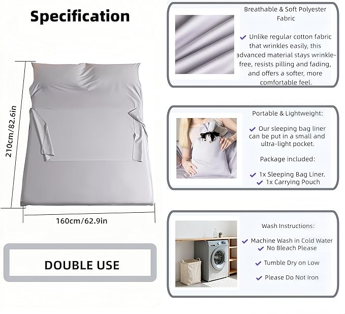 Sleeping Bag Liner for Adults, Lightweight Travel Sleep Sack with Carry Bag, Compact Portable Sleeping Sheet for Camping, Hiking, Hostels, Hotels and Backpacking