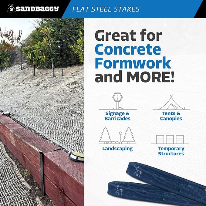 Sandbaggy Flat Steel Stakes for Concrete Forms with Nail Holes - 1.5" Wide - Painted - Removable, Reusable, V Point End - Construction Grade Stakes (20, 18 inch)