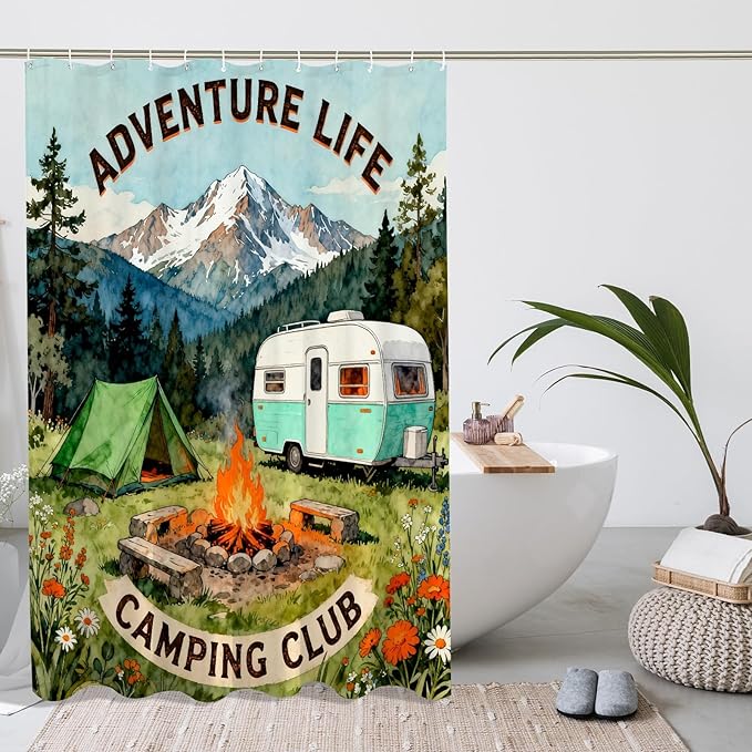 Mountain Shower Curtain, Outdoor Adventure Tent Campfire Summer Green Washable with Hooks Bathtub Cloth Curtains Decor for Bathroom Guest Room 62x72 Inch