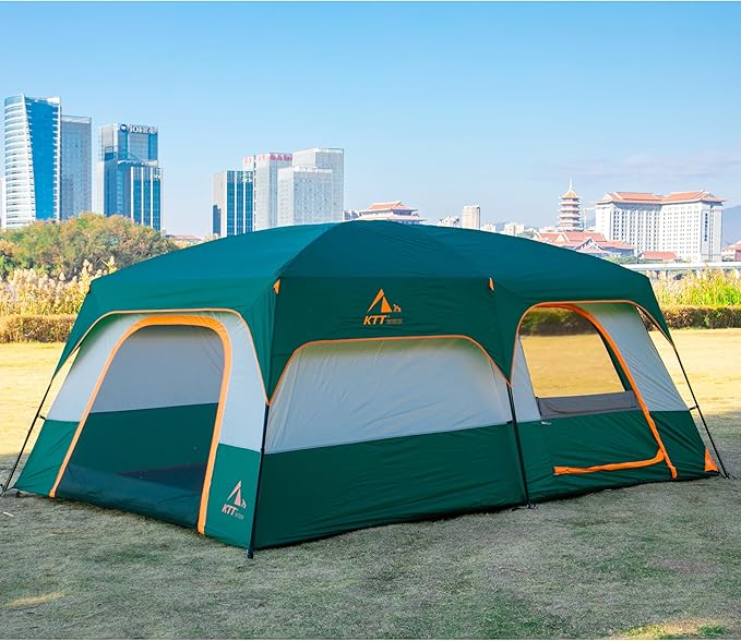 KTT Extra Large Tent 6-10-12-14 Person(Style-B),Family Cabin Tents,2 Rooms,3 Doors and 3 Windows with Mesh,Straight Wall,Waterproof,Double Layer,Big Tent for Outdoor,Picnic,Camping,Family Gathering