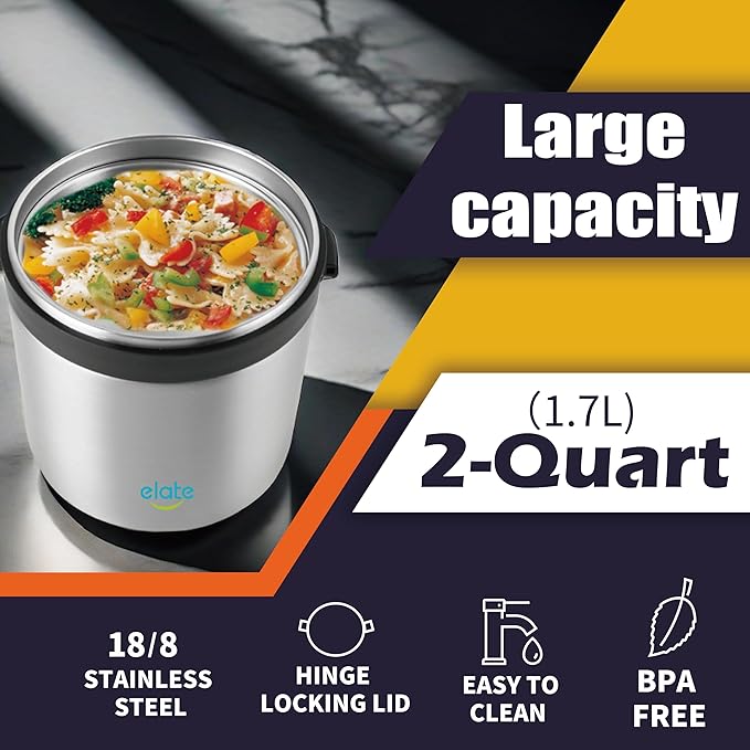 Elate 2-Quart Thermos Food Jar for Hot Food | 64oz Stainless Steel Vacuum-Insulated Camp Crock, Wide-Mouth Thermal Food Container, Portable Lunch Pot for Outdoor, Camping, Picnics, Trips, Potlucks