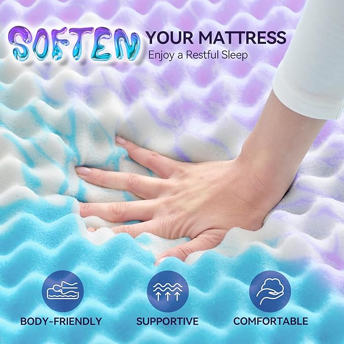 SINWEEK 3 Inch Egg Crate Memory Foam Mattress Topper Queen Size, Soft Mattress Pad for Back Pain Relief, Bed Topper, CertiPUR-US Certified, Colorful