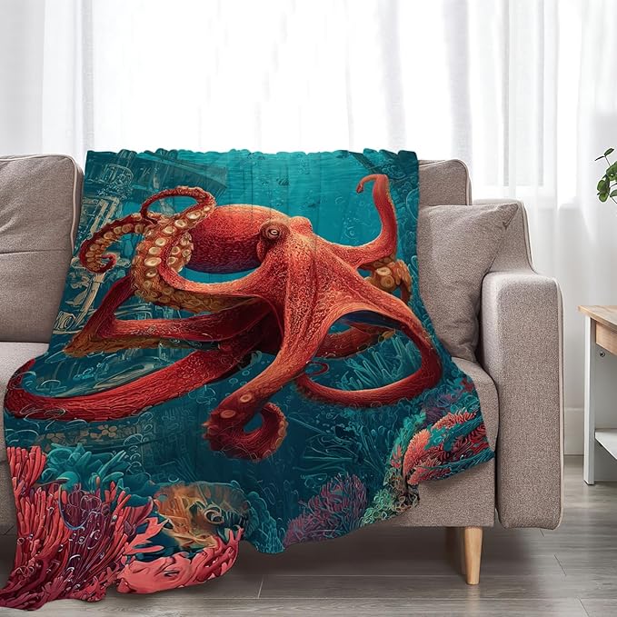 Ocean Octopus Blanket Coral Marine Life Animal Throw Blankets Gifts for Girls Boys Kids Octopus Lover Soft Cozy Fleece Plush for Couch Sofa Bed 60"x50"