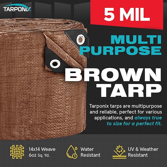 Brown Poly Tarp 10’ x 12’ – Lightweight 5 Mil Waterproof Cover – Durable, Weatherproof, Multipurpose Protection for Camping, Roofing, Construction