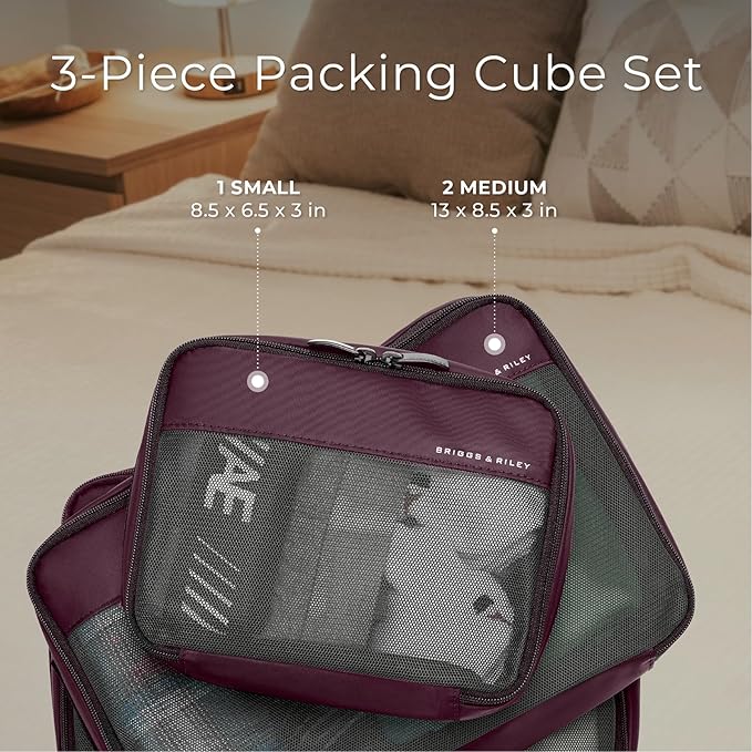 Briggs & Riley Carry on Compression Packing Cube Set - Bag Organizer for Suitcase & Luggage, For Women & Men, Pack Accessories for Vacation - Travel Must Haves, 3-Piece, Plum