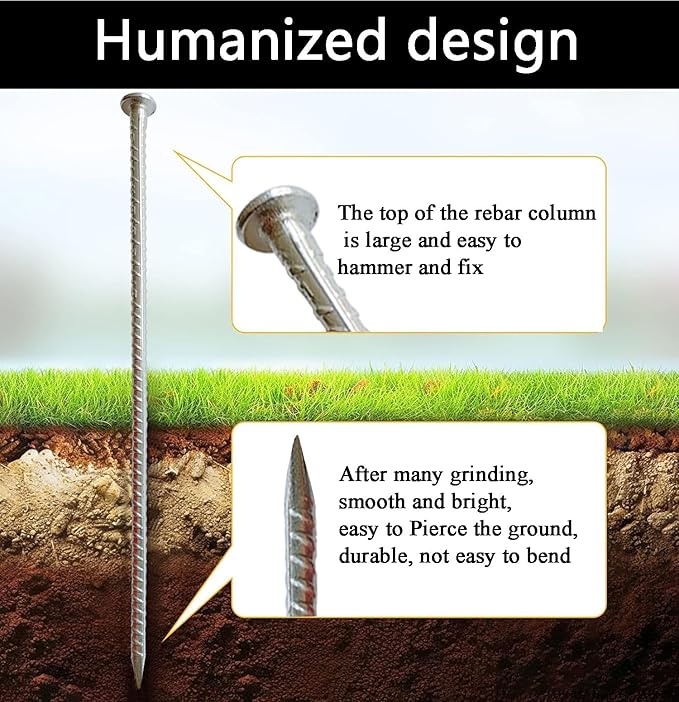 16 Inch Rebar Stakes 14 Pack - 0.5 Inch Diameter Threaded Galvanized Steel Ground Anchors - Heavy Duty Plant Support Garden Stake for Speed Bump, Wheel Stop, Tent Stakes