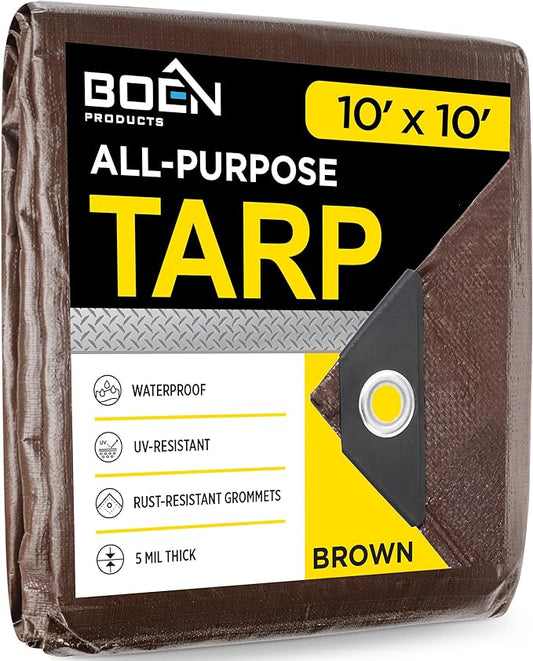 Multi-Purpose Large Tarp Waterproof Cover | Brown, 10' x 10' 5 Mil Thick | Rip Proof Tarps | Thick Weave Material, UV Resistant Great for Tarpaulin Canopy Tent, Boat, RV or Pool Cover
