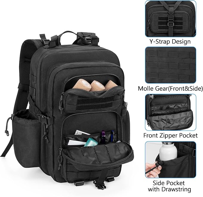 Damero Medical Tactical Backpack, Medical Supplies Bag First Aid Rucksack with Top Y-Strap for Hiking, Trekking Hunting Camping, Black (Bag Only)