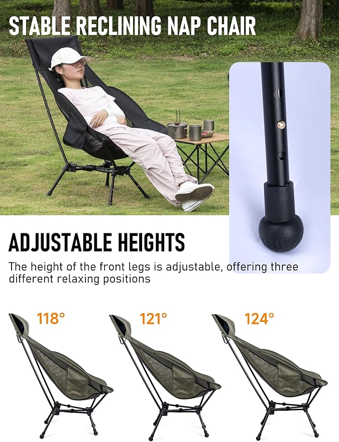 WildCall Lightweight Folding High Back Camping Chair with Head Support, Compact Beach Chair with Anti-Sinking Large Feet and Three Tilt Angles Adjustment