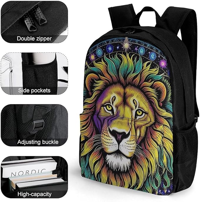 Supdreamc Lightweight Rucksack for Sports Travel Running, Big Capacity Multipurpose Anti-Theft Bookbag, Fantasy Lion Sun And Moon Twelve Constellations Art Travel and Sport Backpack Rucksack