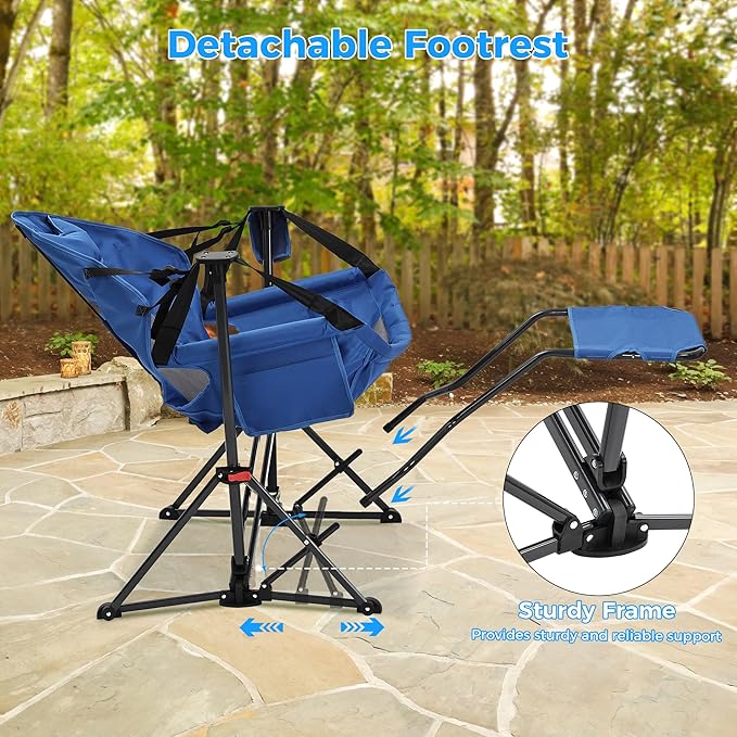 Ainfox Hammock Camping Chair with Footrest, Foldable Portable Rocking Chairs for Adults Outside Swinging Camp with Cup Holder Pillow for Outdoor Patio Poolside (Blue)