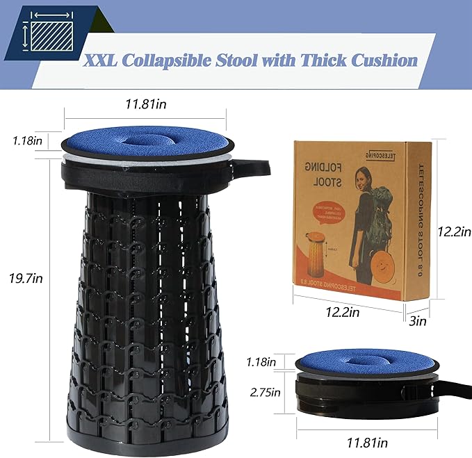 ALEVMOOM XXL Telescoping Stool with Cushion,Taller 19.7"Wider 11.8" Collapsible Chair More Sturdy Capacity 1000Ib,Portable Camping Adjustable Stool for Garden Fishing Hiking Mountain BBQ (Large Black)