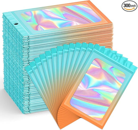 Funfery 300 Pack Smell Proof Resealable Bags for Food Storage,Holographic Bags 4x6 Blue Orange Mylar Clear Packaging Bag- Scent Proof for Cookies, Zip Foil Pouch for Small Business