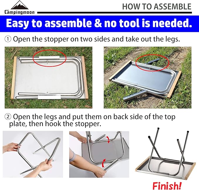 CAMPINGMOON Camping Side Table Heat-Resisting Stainless Steel Embossing Process for Outdoor Table Top Grill with Carrying Bag T-370