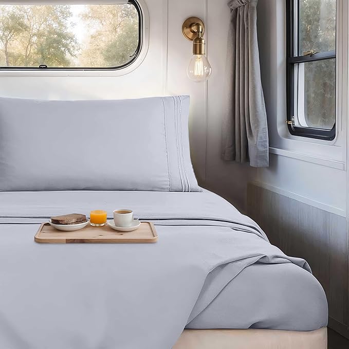 Hearth & Harbor Short Queen Sheets for RV, Grey Lavender RV Queen Sheets, Silky Soft 1800 Microfiber Bed Sheet for Camper, 4 Piece RV Bedding with Pillowcases