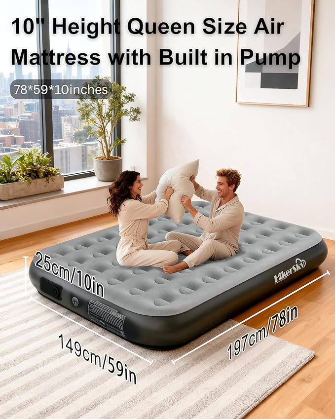 Queen Air Mattress with Built in Pump, Inflatable Mattress for Home, Blow up Air Bed 2 Min Quick Inflation and Deflation, Thin Velvet Top, 10'' Queen Size Gray