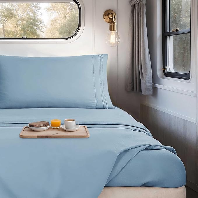 Hearth & Harbor Short Queen Sheets for RV, Stone Blue RV Queen Sheets, Silky Soft 1800 Microfiber Bed Sheet for Camper, 4 Piece RV Bedding with Pillowcases