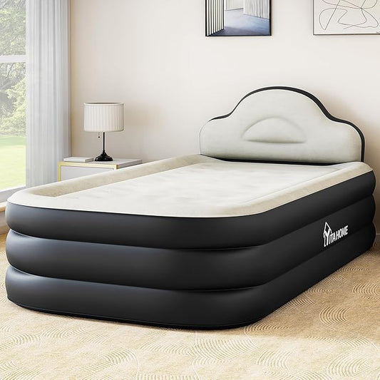 YITAHOME Twin Size Inflatable Bed with Integrated Pump and Headboard, 18-inch Blow-Up Mattress Including Extra Inflation Valve, Carry Bag, and Repair Kit, Ideal for Travel, Camping, and Guest (Black)