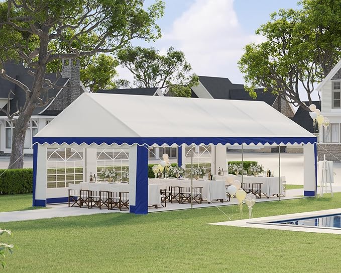 AMERLIFE 13 x 26 FT Party Tent with Rolled Sidewalls, Heavy Duty Wedding Tent for Party Outside with Zinc Alloy Tube & Spiral Stakes, Waterproof Event Shelters, White & Blue