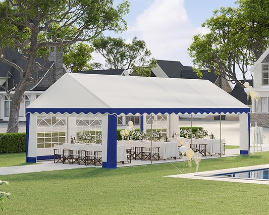 AMERLIFE 13 x 26 FT Party Tent with Rolled Sidewalls, Heavy Duty Wedding Tent for Party Outside with Zinc Alloy Tube & Spiral Stakes, Waterproof Event Shelters, White & Blue
