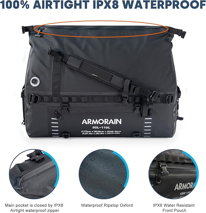 90L-110L large Capacity Airtight Waterproof Travel Dry Bag,Equipped with Durable Inflatable Shoulder Straps and Handles Suitable for Diving Equipment Motorcycles Rowing Kayaking Camping