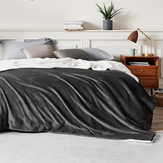 Bedsure GentleSoft Sherpa Fleece Blankets Queen Size for Bed - Thick and Warm, Soft Fuzzy Plush Queen Blanket for Winter, Charcoal, 90x90 Inches
