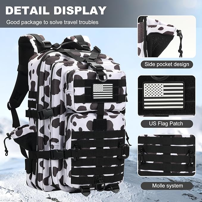 45L MOLLE Assault Backpack, Tactical Backpack Military Army Camping Rucksack with Bottle Holder, 3-Day Pack Trip w/USA Flag Patch, D-Rings, Cow Color