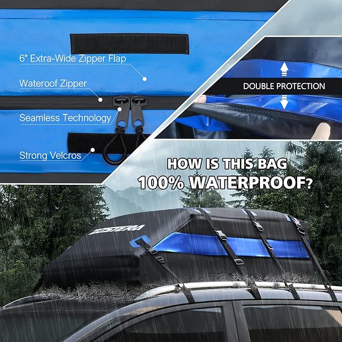 Rooftop Cargo Carrier Roof Bag,100% Waterproof,15 Cubic Feet for All Vehicle with/Without Rack,Includes Anti-Slip Mat+10 Straps+6 Door Hooks+6 Extension Straps+Soft Roof Top Luggage Lock