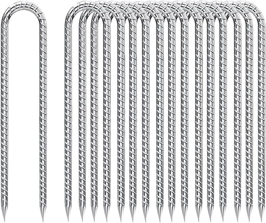 Rebar-Stakes-12-Inch-Galvanized, U Hook Trampoline Stakes 20 Pack Ground Anchors Tent Stakes Heavy Duty for Plants Anti-Rust Landscape Fabric Stakes Artificial Turf