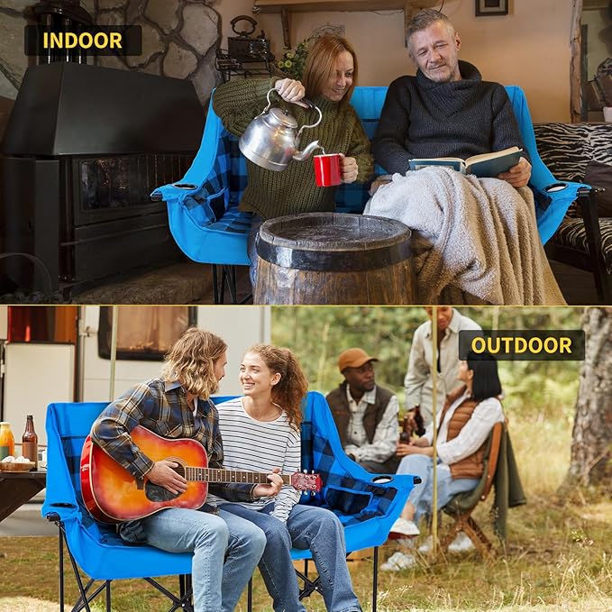 DoCred Heated Double Camping Chair, Folding 2 Person Camping Chairs Loveseat Outdoor Sports,Heated Oversized Lawn Chairs for Adults,Heating Camp Chair with 3 Heat Levels, Battery NOT Included