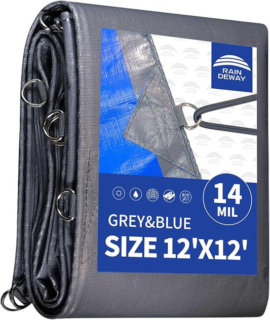 RAINDEWAY Tarps Heavy Duty Waterproof 12x12 Feet -14 Mils Super Heavy Duty Tarp with Metal Rings and Reinforced Corners and Edges, UV Resistant, Multipurpose Poly Tarp,Blue/Gray tarp
