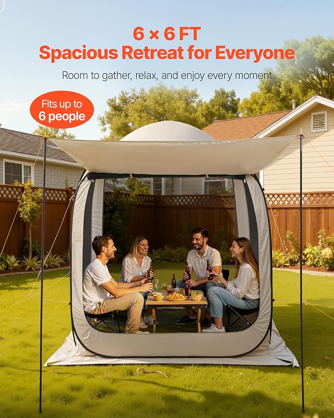 VEVOR Pop Up Screen House Tent, 6 x 6 ft, 4-6 Person Screen Gazebo with Extended Awning, Portable Screened in Canopy with Carry Bag, Netting Sides, for Patio, Backyard, and Outdoor Activities, Beige