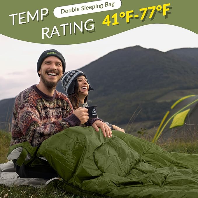 Elevon Double Sleeping Bag 2 Pillows for Adults, Queen Size XL Sleeping Bag Waterproof, Compact with Compression Sack, 2 Person Sleeping Bags Cold Warm Weather- 3 Seasons, Backpacking, Hiking, Travel