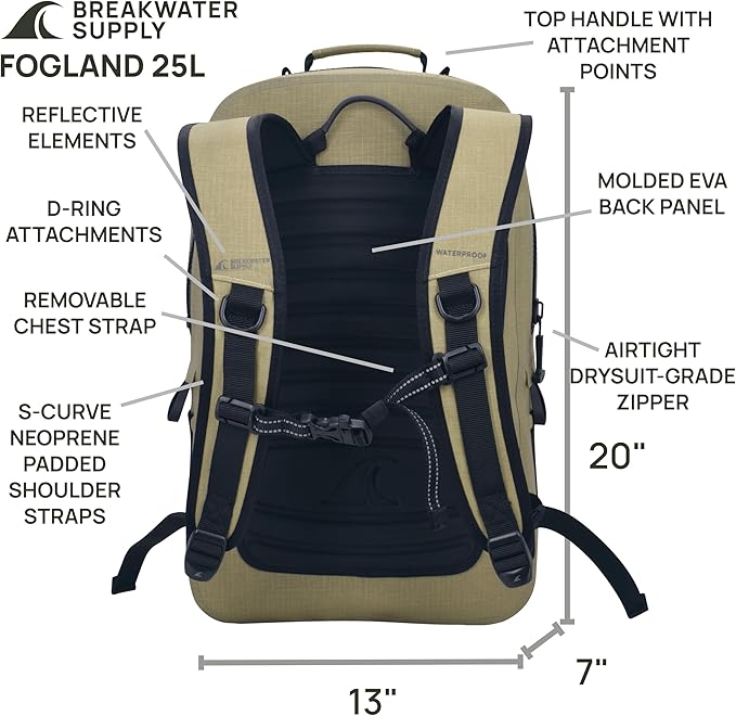Breakwater Supply™ Fogland Waterproof IP68 Submersible Backpack with Airtight Zippers | Laptop Travel Outdoors | 25L 20L 15L | 100% Waterproof, Submersible, Airtight Zippers, Travel Outdoors