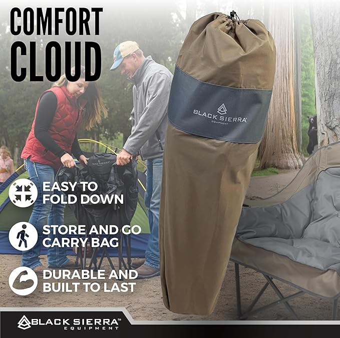 Black Sierra Oversized Camping Chair for Adults, Heavy Duty Outdoor Seat with Plush Padding, Supports 400lbs, Cup Holder & Carry Bag, Comfortable Folding Chair for Tailgating, Patio, & Sideline Events