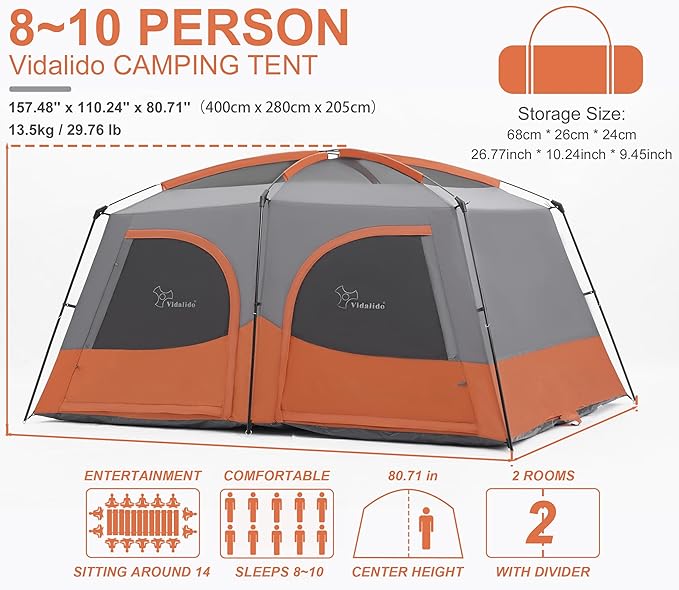 Vidalido Tents，8-10 Person Camping Tent with Extended Vestibule，2 Room Weather Resistant Family Tents，Easy Install Waterproof Outdoor Tent for Camping Hiking