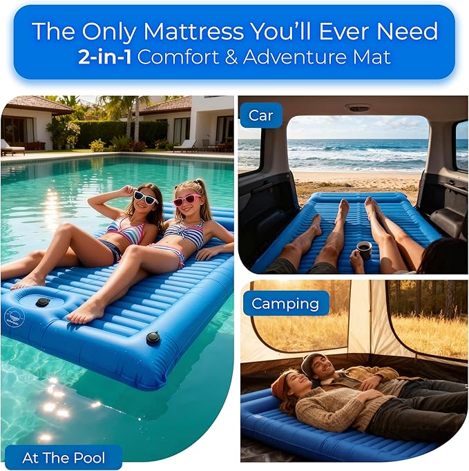 Premium Double Sleeping Pad for Camping - Camping Mattress 2 Person XL with Built-in Pump - 6.9" Thick Camping Bed for Adults - Indoor, Beach & Pool Use