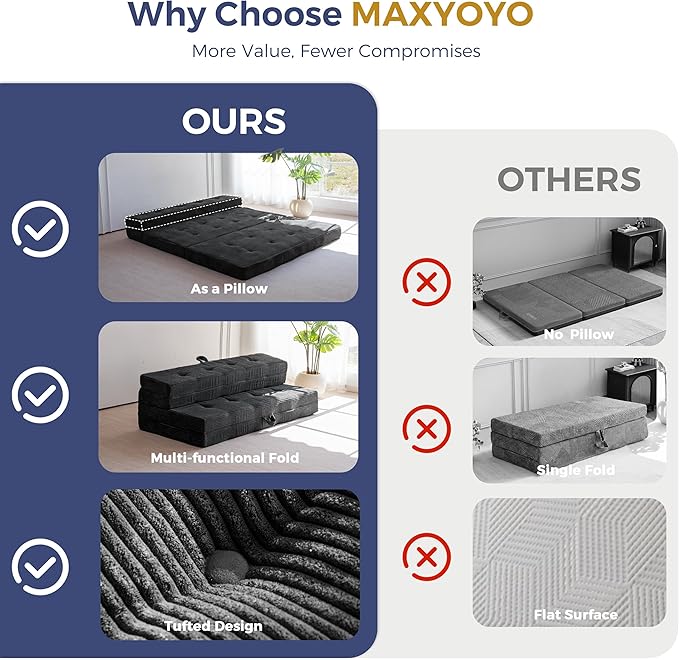MAXYOYO Folding Mattress, 4 Inch Tufted Foldable Mattress Full Foam Bed, Tri-Fold Floor Couch with Handles Guest Bed Topper Portable Camping Mat with Corded Fabric, Queen Size, Black